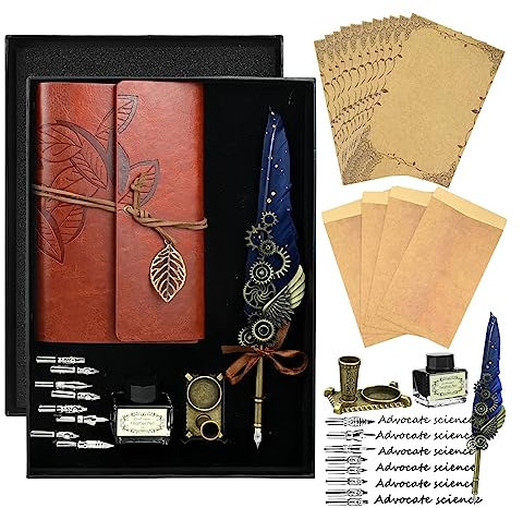 wiksite Schreibfeder Kalligraphie Feder, Handgemachte Dip Pen, Vintage Federkiel Dip Quill Pen Writing Ink Set für Schreibwaren Geschenk Blau (27)