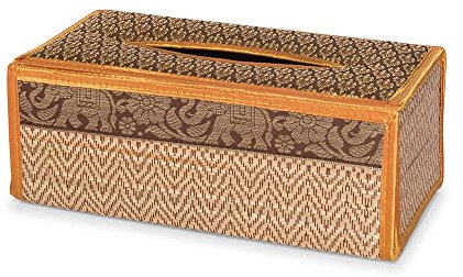 Kitama Kosmetiktücherbox Taschentuchbox aus natürlichem Bast mit Elefantenmuster - Tuchspender Tissuebox für Taschentücher Kosmetiktücher - Made in Thailand (Orange/Braun)