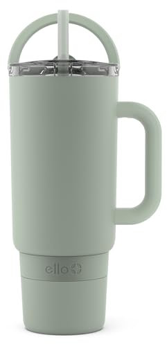 Ello Port 40oz Tumbler with Carry Loop & Integrated Handle, Vacuum Insulated Stainless Steel Reusable Water Bottle, Travel Mug with Leak Proof Lid & Straw, Perfect for Iced Coffee & Tea, Sage