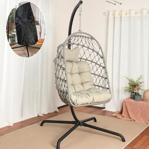 LKINBO Polyrattan Hängesessel mit Gestell Outdoor Indoor, Korb Hängestuhl Rattan Hanging Chair Wetterfest Hängeschaukel Gartenschaukel bis 195 kg, Grau