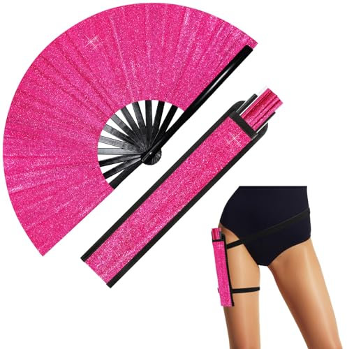 Ripeng 13 Glitter Large Rave Folding Hand Fan Clack Rave Fan for Women with Leg Strap and Fabric Case Bag for Dance, Edm, Hot Pink, Medium