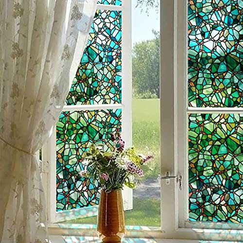 Neukids 90x300cm Doppelseitige Kieferngrüne Kieselsteine Fensterfolie Selbstklebende, Statisch Haftend Sichtschutzfolie, Buntglas Fensterfolie Muster Schlafzimmer Wohnzimmer Dekorfolie