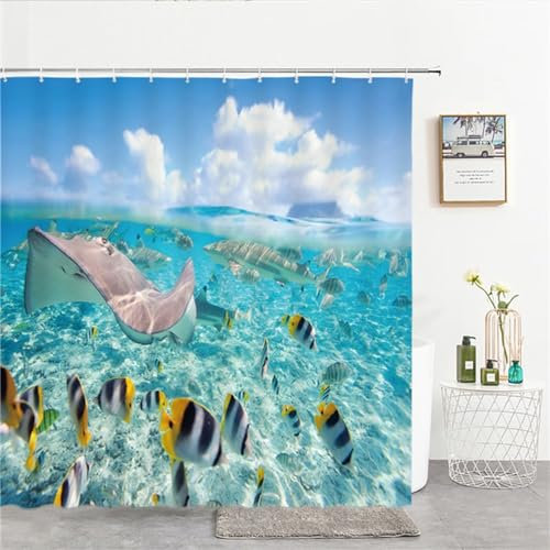 Guofuos Duschvorhang Zierfische 180x140cm Duschvorhäng Anti Schimmel,Wasserabweisend Stoff Duschrollo Waschbar,3D Draussen Bad Vorhang Schnell Trocknend,Badewanne Badezimmer Decor Vorhänge