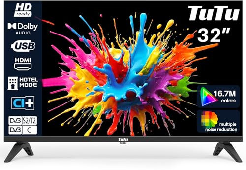 TuTu Fernseher 32 Zoll (80cm) LED HD TV mit Triple Tuner (DVB-T/T2-C-S/S2), HDMI, USB-Media Player, CI/CI+, Hotelmodus (TUB32HN1N, 2024)