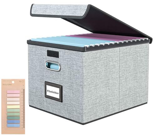 JTOOYS Upgraded Portable File Organiser Box with Lid, Large Capacity Multifunctional Foldable Fabric Hanging Filing Storage Boxes with Plastic Slide, Home/Office Filing for File Folders