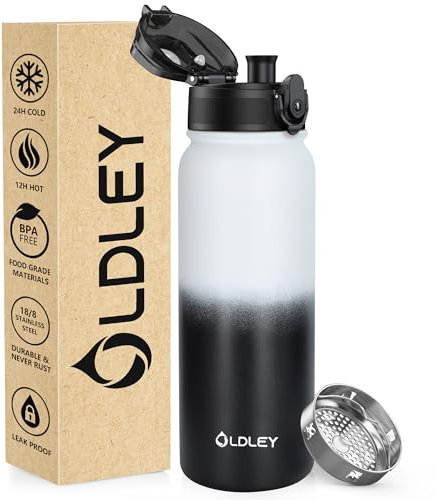 OLDLEY Botella agua acero inoxidable 600ml/20oz Termo Doble Metal pared Que Mantiene la Bebida Caliente y Fría, a Prueba Fugas, sin BPA, con Aislamiento para Deportes Trabajo Senderismo (Blanco Negro)