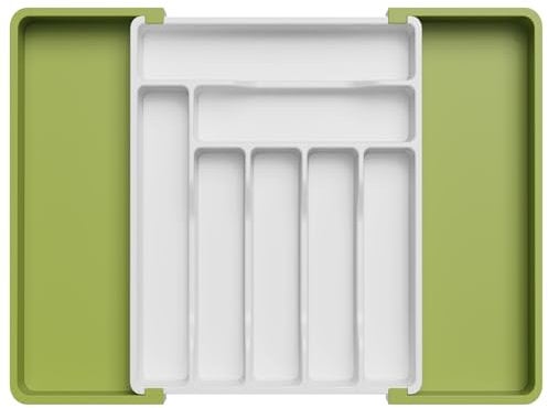 Lifewit Besteckkasten für Schublade, Verstellbarer Besteckhalter Kunststoff Besteckständer, Breite von 33 auf 57 cm, Utensilienhalter Tiefe 38 cm, Küchen Organizer für Löffel/Gabeln, Grün und Weiß