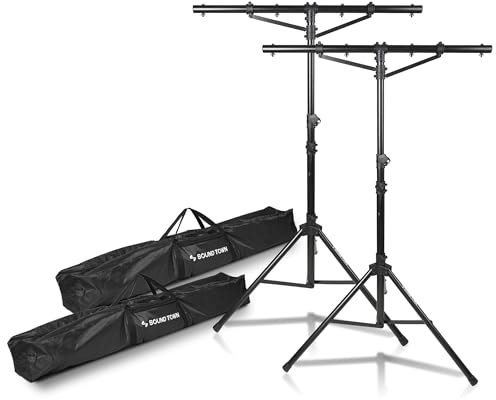 Sound Town Paquete de 2 soportes de iluminación para DJ, altura ajustable, 9 pies de alto, con barra en T y base de trípode (STLS-T09-PAIR)