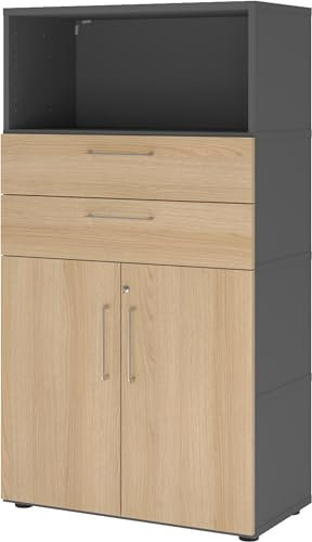 bümö Flexi Aktenschrank abschließbar mit Flügeltüren & 2 Schubladen in Graphit/Eiche, Büroschrank mit werkzeuglosem Schnellmontage-Klicksysten in modularer Bauweise