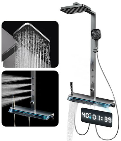 Colonne de Douche Thermostatique Gris, Mitigeur en Laiton Systeme de Douche Affichage Numérique LED Ensemble de Douche, Avec 33x 20cm Douche de TêTe, Douchette à Main, Robinet de Baignoire, Mural