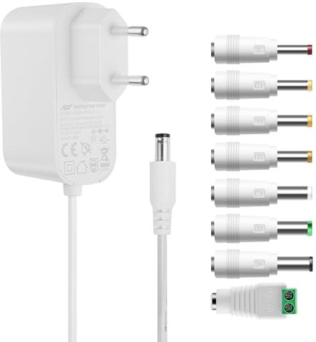Tonton Universal 12V 1A Netzteil Weiß, Extra 3 Meter Kabellänge, 12V AC DC Netzadapter 1A 800mA 500mA Transformator mit 8 Steckers für LED Streifen Lautsprecher CCTV Überwachungskamera Fan (DC12V~1A)