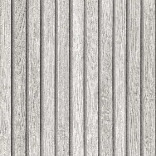 Hode Grey Wood Panel Wallpaper Wood Effect Vinyl Wrap Self Adhesive, 3D Slat Wall Panelling Peel and Stick Living Room Wallpaper, Waterproof, Light Grey, 40cmx10m