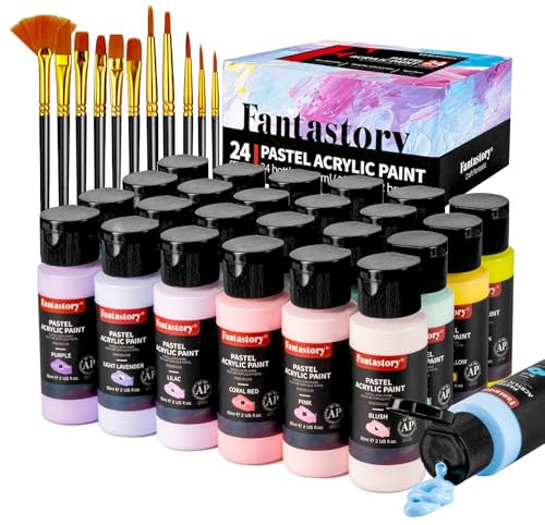 Fantastory Pinturas Acrílicas Pastel, 60 ml, 24 colores cremosos, 12 pinceles, a prueba de agua y no tóxicas, ideales para lienzo, madera y modelos; para artistas, profesionales y principiantes