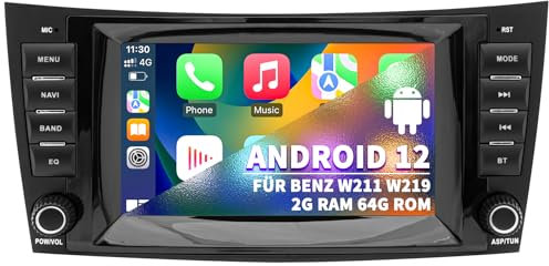 Autoradio für Mercedes Benz E Klasse W211 CLS W219, Android 12 System 2G+64G, 7 Zoll Touchscreen mit Navigation Carplay Android Auto Bluetooth WLAN MirrorLink Lenkradkontrolle