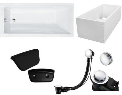 KOLMAN KOMPLETTSET 5in1 Acryl Weiß Wanne Badewanne Rechteck 180x80 cm MODERN Made in EU + Wannenträger + Badkissen KODI in Schwarz, mit Premium Ablaufgarnitur in Chrom & Wannenfüße
