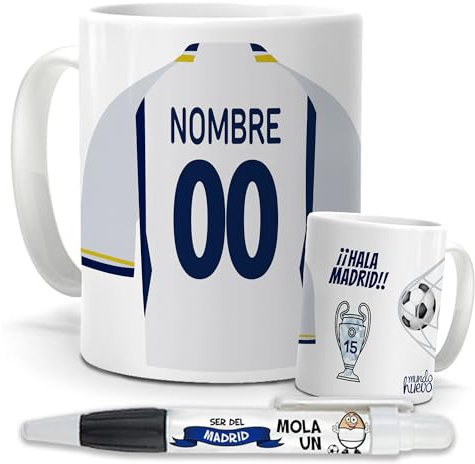 Taza Personalizada Fútbol | Tazas de Desayuno Real Madrid con bolígrafo | Regalo Original para Merengues Aficionados de Fútbol | Cosas para Niños | Copa Orejona
