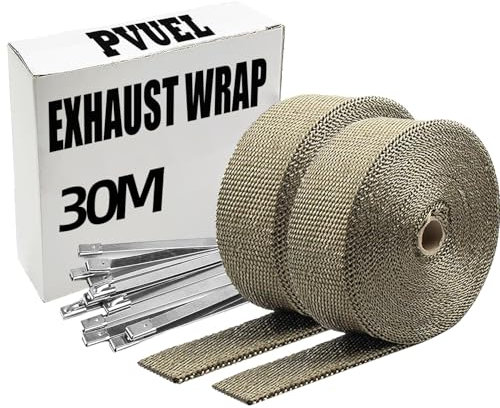 PVUEL Lot de 2 bandes de protection thermique pour pot d'échappement 30 m - 2 bandes de 15 m - En fibre de basalte - Avec 24 serre-câbles en acier inoxydable - Pour collecteur d'échappement de motos