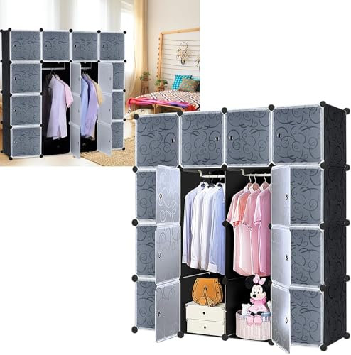 TANTEAR 16 Würfel DIY Regalsystem Aufbewahrung Badregale Tragbarer Faltschrank Kleiderschrank Mit Türen Kombischrank Schuhregal