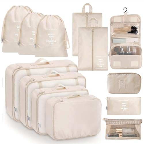 Ryebme 13 Teilige Koffer Organizer Set, Beige Packing Cubes Set, Organizer Set Mit Schuhbeutel, Kosmetiktasche, packtaschen, Kleidung, Wasserdichte Packtaschen Packwürfel für Urlaub und Reisen