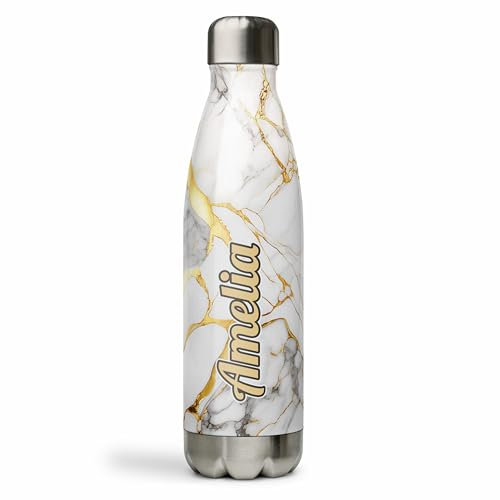 Personalised Marble Stainless Steel 500ml Water Bottle, Vacuum Insulated for Hot and Cold Drinks. Leakproof Double Wall. Drinking for Gym, Kids, Sports, Travel - Grey Gold Name