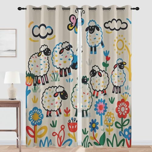 Verdunkelungsvorhänge mit Cartoon-Schaf-Motiv für Schlafzimmer und Wohnzimmer – Ösenvorhänge, 2 Paneele, abstrakte Blumen- und Schmetterlings-Verdunkelungsvorhänge, 213,4 cm lang, raumverdunkelnder Fe