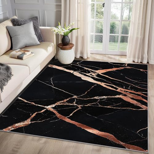MMYAOKEN Marmor Teppich Wohnzimmer 240x300 Schwarz Gold Modern Deko, Großer Teppich Kurzflor, Weich rutschfest Waschbare Teppiche, Bettvorleger Schlafzimmer Kinderzimmer