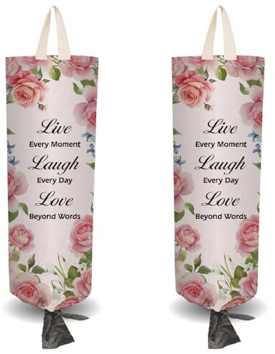 CRASPIRE 2 pz Porta Sacchetti di Plastica in Tessuto A Tema Rosa con 4 Ganci Adesivi Corda di Trazione per La Spesa Organizer Riutilizzabile Lavabile da Appendere al Muro Dispenser per Riporre