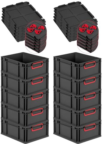 PROREGAL SuperSparSet 10x Eurobox NextGen Color mit Auflagedeckel & Schiebeschnappverschlüsse, HxBxT 17x30x40cm, 16L, Schwarz, Griffe rot geschlossen, Eurobehälter, Transportbox, Transportbehälter