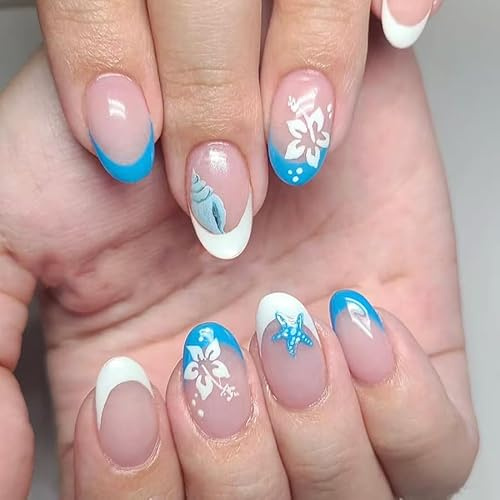 24pcs Almond False Nails - French White Tip Stick-on Blue Flower - Press-on Removable no Glue Full Cover Fake Nail Art Accessories for Women Girls