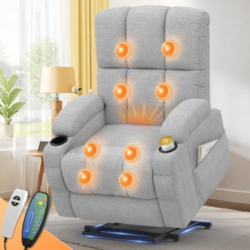 sisolos Lift Chair for elderly, Recliner Armchair with Massage and Heating, Comfy Rise Recliner with Extended Footrest,Type C+USB, 2 Cup Holders & 4 Sides Pockets, Padded Armrest & Cushion