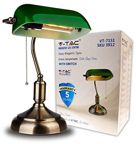 V-TAC Lampada da Tavolo LED Vintage – Elegante Lampada Stile Retrò per Uso Interno – Portalampada con Diffusore in Vetro Verde Inclinabile 90°– Attacco Lampadina E27 – Design Particolare