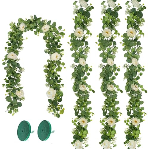 Eukalyptus Girlande Künstliche 180cm Grün mit Weißen Blüten, Frühling Eukalyptus Deko Kunstpflanze Efeugirlande Hängepflanze für Zimmer Wand Balkon Hochzeitsdeko (Girlande Mit Blumen, 4 Stück)