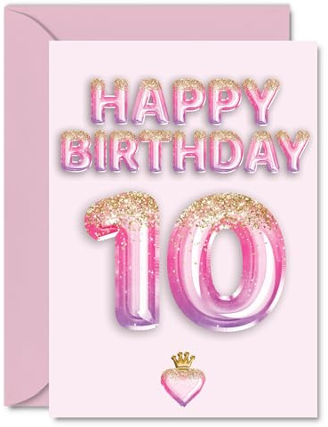 10th Birthday Cards for Girls and Boys, Pink & Purple Glitter Balloons | Happy Birthday Card for 10 Year Old Boy Girl Sister Granddaughter Nephew Daughter, A5 Bday Greeting Cards