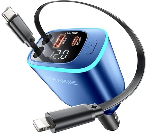 4in1 Car Phone Charger Retractable Fast Charge USBC for iPhone iPad Android | 65W Type-C and Lightning Cable 12V USB C Charger with LED Light and 2 USB Ports for iPhone 17/16/15/14/13 iPad Android, Blue