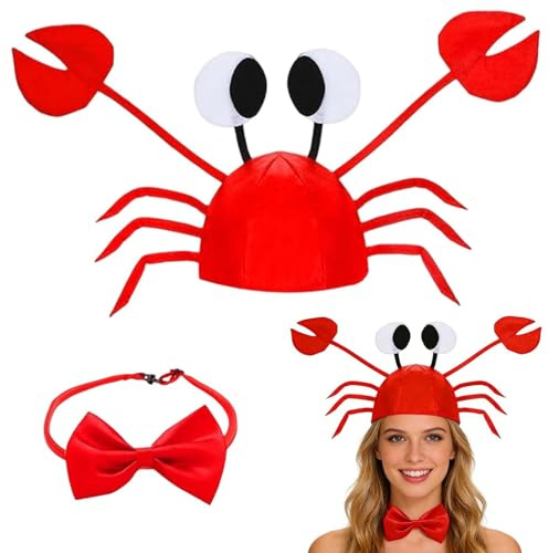 ZXTGBQ Krabben Mütze Verstellbar mit Fliege, Mütze Karneval Partyhut Lustige Hüte für Kinder Erwachsene, Krabbenhut für Karneval Halloween Ostern Cosplay Kostüm Zubehör, Krabben Hut mit Roter Fliege