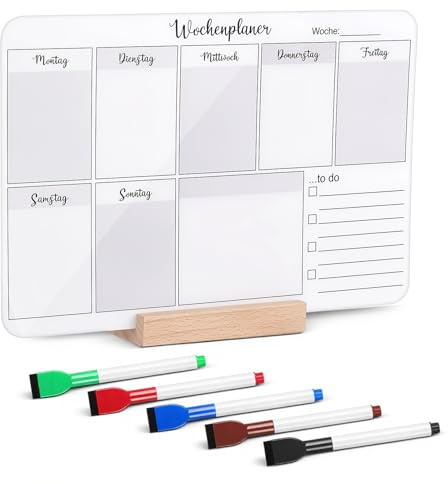 Tenare To Do Liste Abwischbar Wochenplaner Acryl Tafel mit Holzhalter, Grau | Essensplaner Menüplaner Stundenplaner mit Wochentagen Weekly Planner Board für Schule Büro Familien