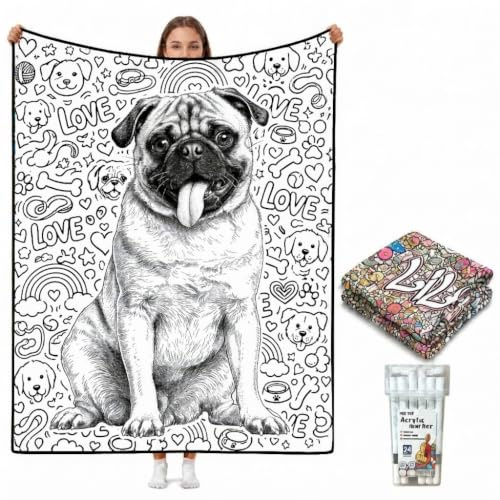 Personalisierte DIY Hunde Maldecke mit Foto, Ausmaldecke mit Hundeportrait | Decke zum Bemalen mit 24 Acryl Markern, Süße Hundedecke mit Herz, Regenbogen & LOVE, Geschenk für Hundeliebhaber