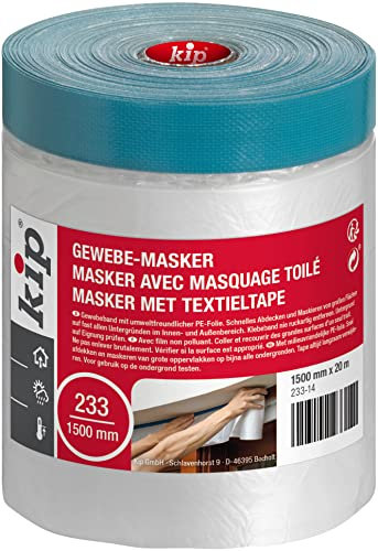 Kip – Masker avec ruban de masquage 233-14 – Ruban adhésif toilé avec bâche de protection en plastique – Dimensions : 1500mm x 20m – Couleur transparent