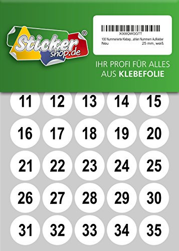 100 nummerierte Klebepunkte, 25 mm, weiß, aus PVC Folie, wetterfest, Markierungspunkte Kreise Punkte Zahlen Nummern Aufkleber
