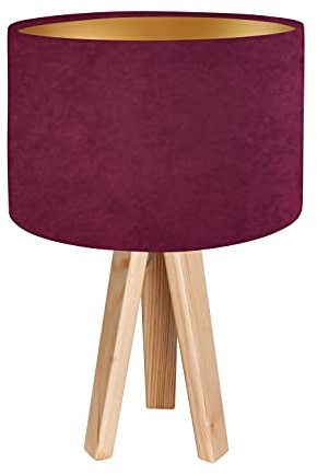 Licht-Erlebnisse Tischleuchte Schirm in Beere Gold Velours Optik 46cm hoch Retro AIMEE Dreibein Nachttischlampe