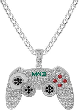 zxcs Hip Hop Game Controller Handle Pendant Necklace for Women Men Gold Colour Crystal Rhinestone Jewelry chain Necklaces-Silver Cuban chain,16inch(40cm)