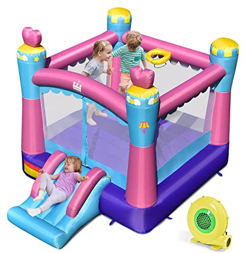GOPLUS Aufblasbare Hüpfburg mit Rutsche, mit Sicherheitsnetz, Buntes Hüpfhaus, Geeignet für den Innen- und Außeneinsatz, Spielburg für Kinder von 3-10 Jahren, 334 x 265 x 250cm (Princess, Mit Gebläse)