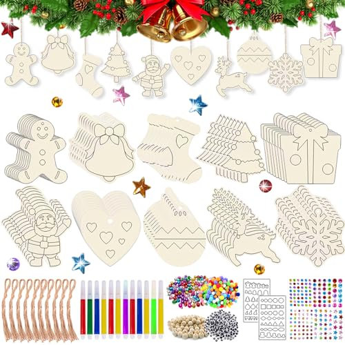RURIZHONGTIAN Holzanhänger zum Bemalen Weihnachten,354PCS Holz Basteln Kinder Weihnachten,Christbaumschmuck zum Bemalen,Weihnachtsbaum Holzanhänger,DIY Weihnachtsdekoration Holz.