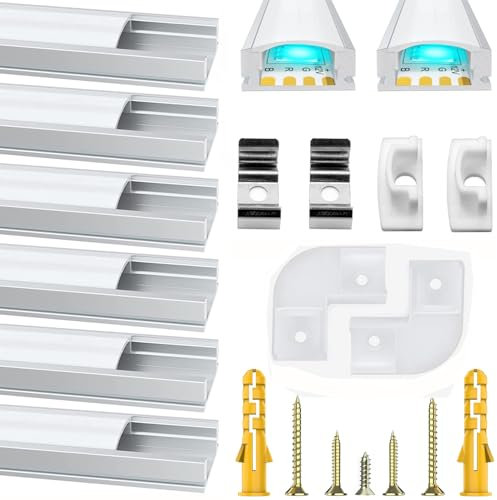 Chesbung Led Aluminum Channel for LED Strip Lights, 6 x 1M/3.3ft U Shape Aluminum Profile with Corner Connectors and White Cover, Strip Channels and Strip Diffusers with End Caps and Mounting Clips