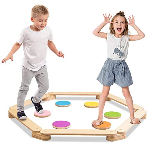 DREAMADE Balancierbalken mit 6 Trittsteine, Balancetraining für Kinder 3–7 Jahren, Schwebebalken Indoor & Outdoor, Motorik Spiel