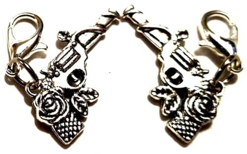 Pair Of 3D Guns with Roses Charms on Silver Plated Lobster Clasps, Zipper Charms, Necklace Pendants, Guns & Roses Charms, Bracelet Charms, Keyrings, Bag Charms