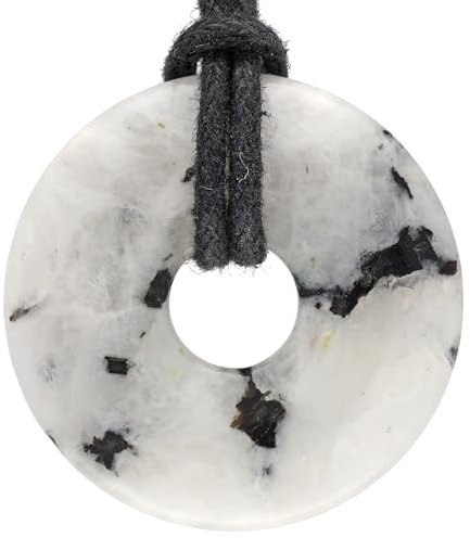 Lebensquelle Plus Edelstein Donut Ø 30 mm + Baumwollband + Edelsteinkarte | Naturstein Anhänger Halskette | Echte Heilsteinkette inkl. Band (Regenbogen-Mondstein)