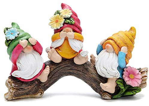 Hodao Spring Hear-No, See-No, Speak-No Gnomes Figurines Decorations Outdoor Flower Gnome Ornaments Decor for Home Table, Garden Yard, Flower Bed Summer Garden Gifts Decor for Mom