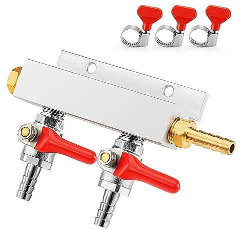 Hgkeke 5/16 Zoll Barded Gaskrümmer 2-Wege-CO2-Verteiler mit integrierten Rückschlagventilen, CO2-Verteiler, unabhängige Abschaltung, Gasverteiler für Homebrew