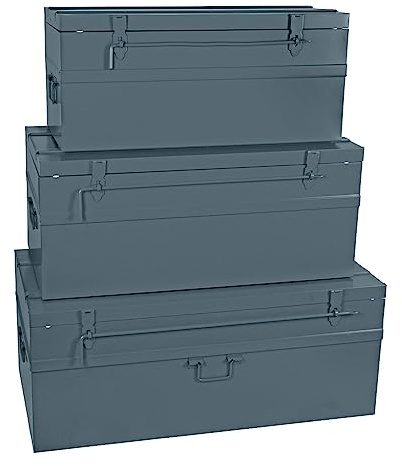 COGEX 62739 Lot de 3 Malles Métalliques Grises Cadenassables – 70 L, 100 L et 150 L – Avec Poignées & Chaîne de Retenue – Rangement, Stockage, Déménagement, Gris